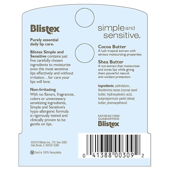 Blistex Simple and Sensitive Hypo-allergenic, Non-irritating Lip Moisturizer, (5-pack)