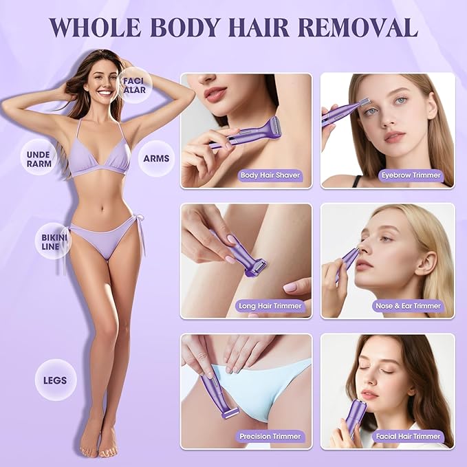 Electric Razor for Women,6 in 1 Women's Bikini Trimmer Shaver for Women & Men Pubic Hair, Private Area, Legs, Eyebrow,Face, Nose, Eyebrow, Body Hair Removal IPX5 Waterproof Wet & Dry