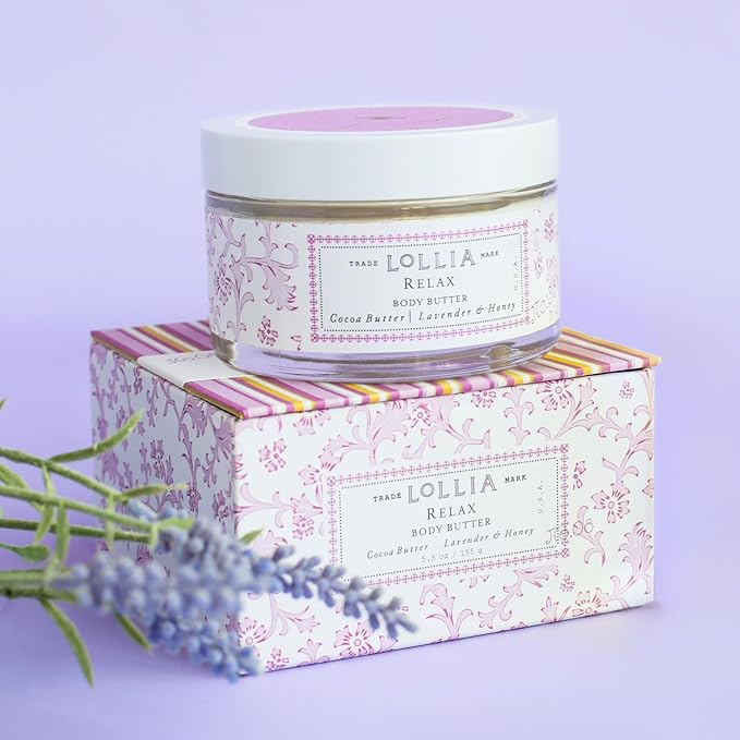 LOLLIA Relax Body Butter, 5.5 oz. - Lavender & Honey Fragrance - Shea Butter & Cocoa Butter, Body Lotion for Women, Hydrating & Smooth Body Moisturizer