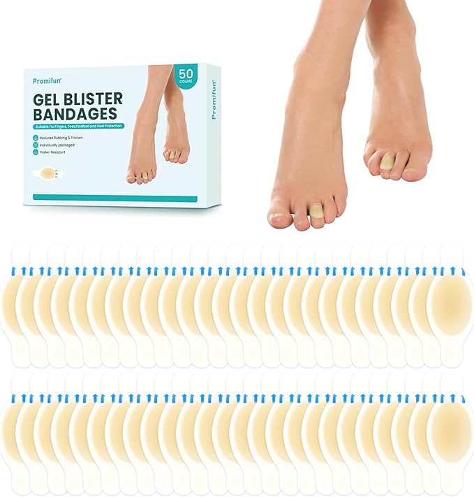 Blister Bandages Pads - 50 ct Blister Cushions - Water Resistant Hydrocolloid Bandage for Foot, Toe, Heel - Gel Blister Bandages for Prevention & Recovery, Toe Pack