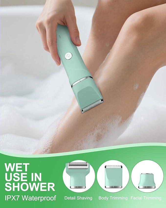 Bikini Trimmer for Women - 3 in 1 IPX7 Waterproof Electric Razors for Women,Body Pubic Hair Electric Shaver for Womens & Facial Hair Remover,Rechargeable Wet/Dry for Body,Underarm,Leg(Mint Green)
