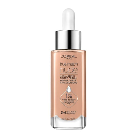 L'Oreal Paris True Match Nude Hyaluronic Tinted Serum Foundation with 1% Hyaluronic acid, Light-Medium 3-4, 1 fl. oz.