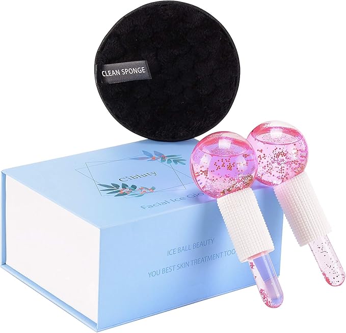 Facial Ice beauty ball- 2PC Globes Pink Facial Roller for Cold or Hot Skin Massagers Globe Durable Quartz Glass for Face and Eye Rollers Reduce Puffiness
