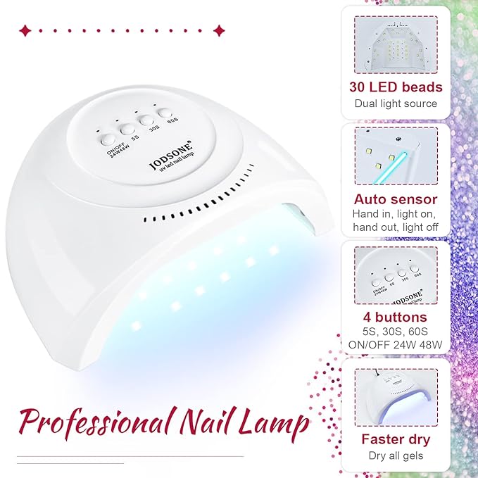 JODSONE 60 PCS Gel Nail Polish Starter Kit With U V Light 55 Kinds Of Color Glitter Gel Polish No Wipe Base And Glossy Matte Top Coat Easy To Apply