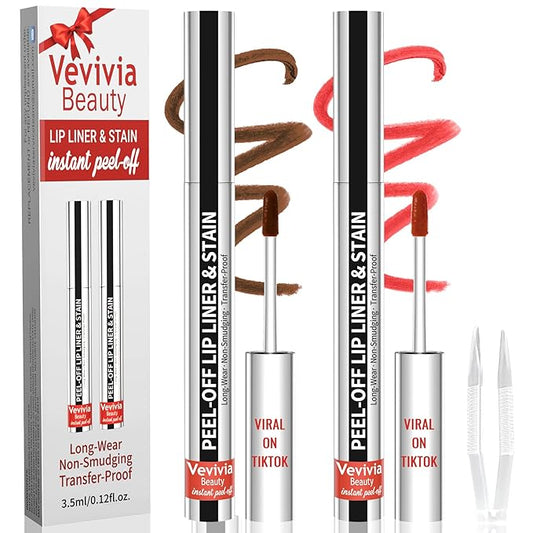 2pcs Lip Stain Peel Off - Lip Liner Stain Long Lasting Waterproof,2-in-1 Lip Liner with Tweezer Nude Matte,Non-Stick Cup,Highly Pigmented，Natural Finish,Stay On All Day,Perfect for Gift (Cocoa+Coffee)
