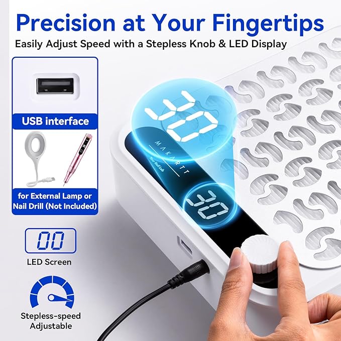 Makartt Nail Dust Collector - Professional Powerful Suction Larina Dust Collector Nail Tech LED Display, Adjustable Speed Reusable Filter, Strainer Panel for Acrylic Nail Polishing Manicure Salon Home