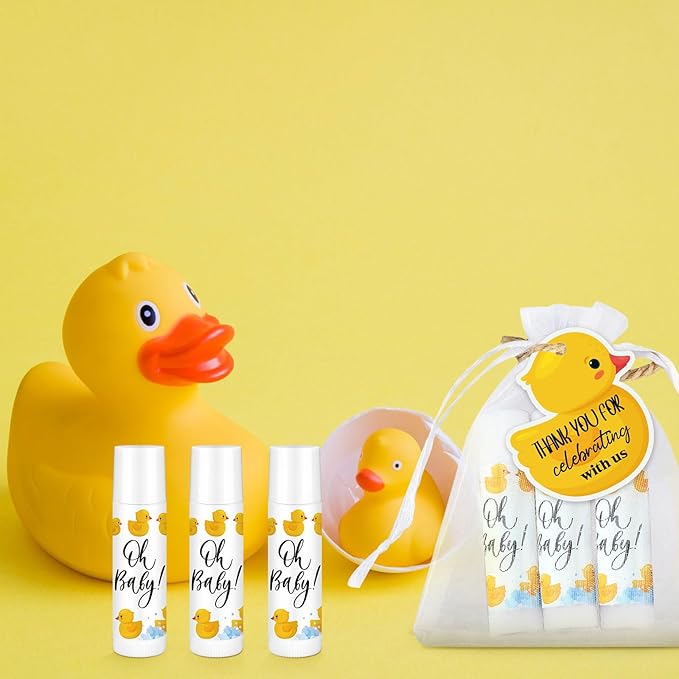 Demissle 50 Pcs Baby Shower Lip Balm Gift Set with 100 Pcs Organza Bags Baby Shower Party Favor for Guest Thank You Tag Rope Baby Shower Party Decoration Gender Reveal Souvenirs (Duck)