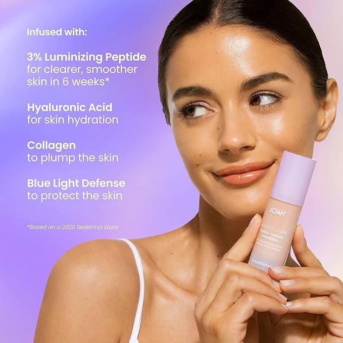JOAH Crystal Glow Peptide-Infused Foundation, 2-in-1 Multitasking Korean Makeup with Blurring Face Primer, Luminizer, Hydration & Skin Defense for a Flawless Finish, 1.01 Oz, Light Medium Cool