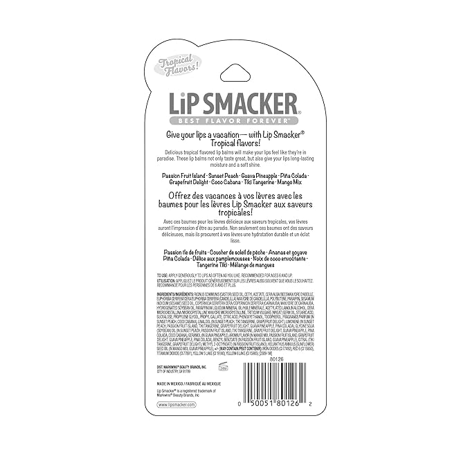 Lip Smacker Flavored Lip Balm Tropic Fever 8 Count (Pack of 1), Passion Fruit, Peach, Breezey-Teazey, Pina Colada, Grapefruit, Coca Cabana, Tangerine, Mango, Clear