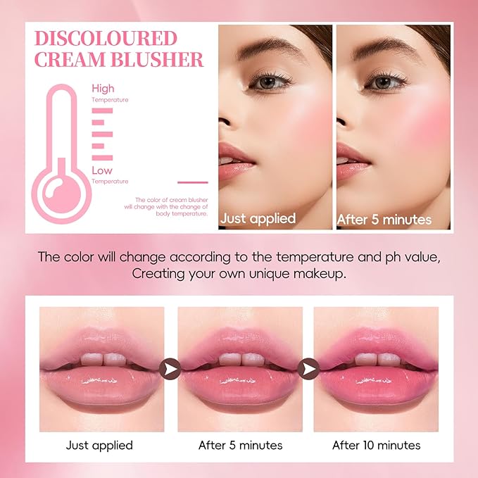 Color Changing Blush Stick for Cheek Lip, Black to Pink Jelly Clear Blush PH Temperature Change Magic Cream Blush Tinted, Lightweight Long Lasting Dewy Natural Glow Makeup for All Skin Tones