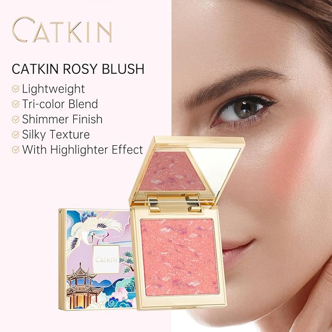 CATKIN Powder Blush for Cheek Blusher Natural Shimmering Blush & Highlight 2 in 1 Creamy Blendable Baked Blush Palette 10g C02 Lovely Cheek