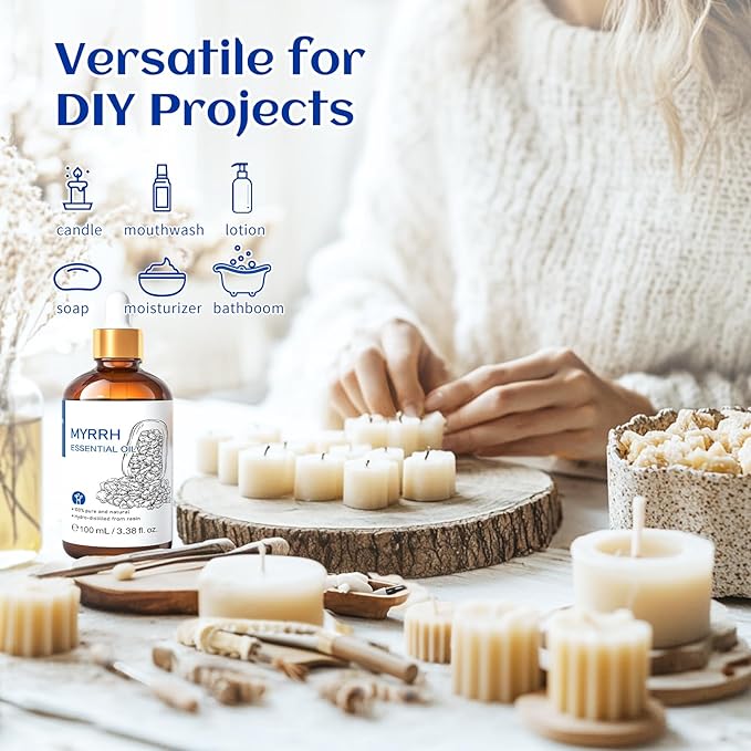 HIQILI 100ML Myrrh Essential Oil for Skin, Diffuser & Candle, 100% Pure and Natural - 3.38 Fl Oz