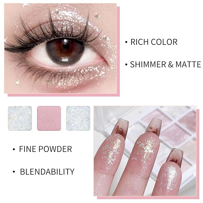 Erinde 9 Colors Eyeshadow Palette, Matte Shimmer Glitter Eye Shadow Palette Makeup, Highly Pigmented Long Lasting Waterproof, Colorful Sequins Sparkle Eyeshadow Makeup Pallet