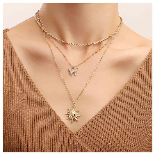 Bohemia Layered Sun Necklace Choker Crystal Butterfly Pendant Necklace Gold Rope Chain Necklace Vintage Sunflower Necklace Jewelry for Women and Girls