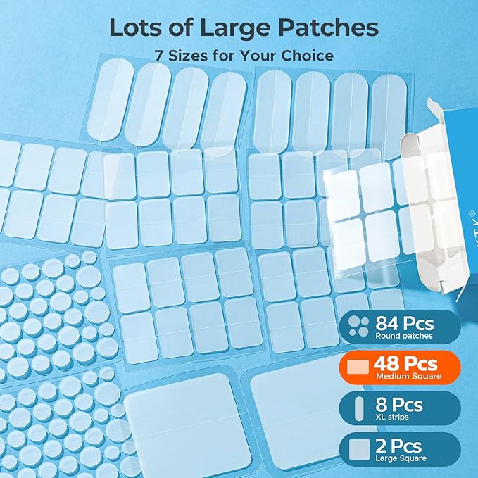 Large Acne Patches for Face, 7 Sizes Big Pimple Patches, XL Hydrocolloid Bandages for Body, Chin, Forehead, Nose, Back Blemish Zit Breakouts, Hydrocolloid Patch (Square, Strip, Dot 142 Count)