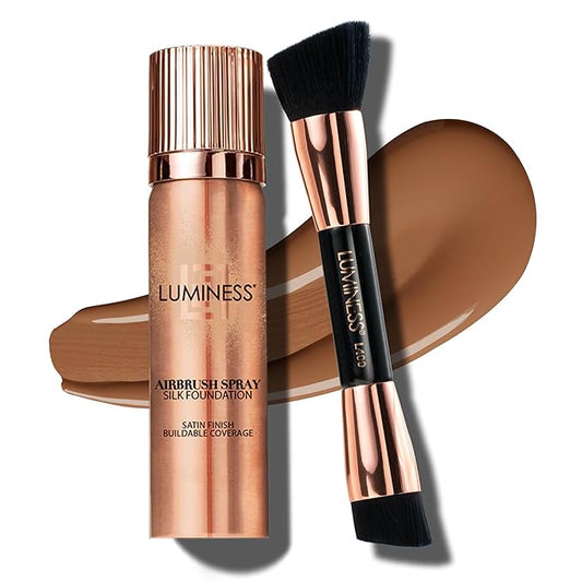 LUMINESS Silk Airbrush Spray Foundation & Buffing Brush Kit – Full Coverage Foundation & Dual-Sided Buffing Brush - Buildable Coverage, Anti-Aging Formula Hydrates & Moisturizes (Shade - Tan Dark)