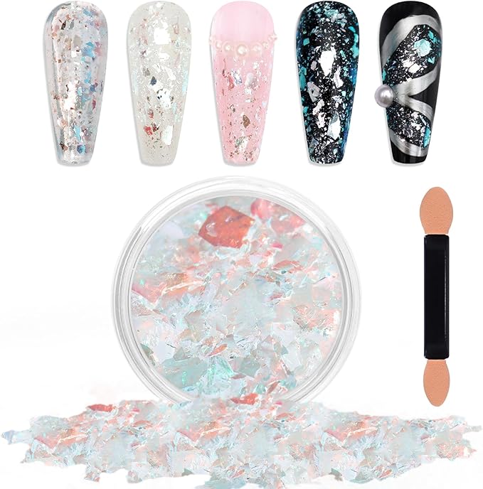 Laza Ice Blue Pearl Chameleon Flakes Nail Glitter Irregular Opal Nail Foil Flakes Chunky Confetti Color-Shift Sequins Iridescent Fairy Dust for Mermaid Nails Design, Nail Decorations for Nail Art