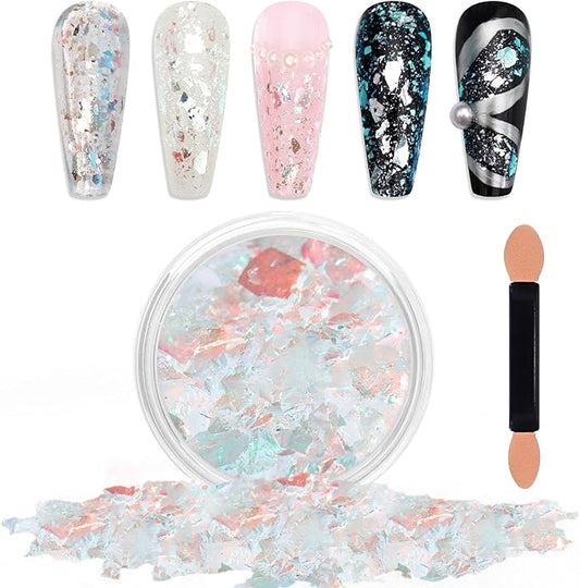 Laza Ice Blue Pearl Chameleon Flakes Nail Glitter Irregular Opal Nail Foil Flakes Chunky Confetti Color-Shift Sequins Iridescent Fairy Dust for Mermaid Nails Design, Nail Decorations for Nail Art