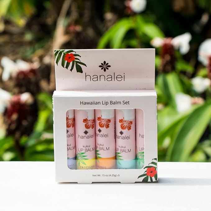 Hanalei Lip Balm and Moisturizer - Natural Kukui Oil, Beeswax Lip Moisturizer - Replenish and Repair Dry, Chapped Lips - Variety Pack (5 Tubes)