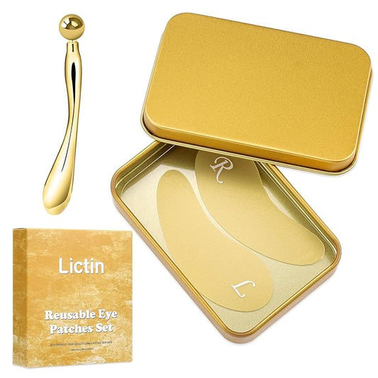 Lictin Reusable Eye Patches, Silicone Under Eye Patches with Lifting Effect to Relieve Wrinkles and Fine Lines, Pair with Metal Eye Cream Applicator,Tin Case