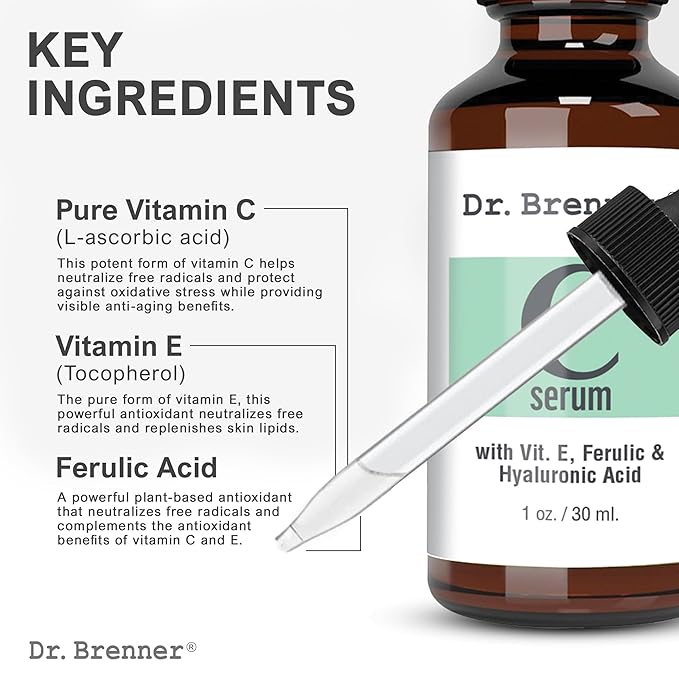 Vitamin C Serum 20% Pure L-Ascorbic Acid, Ferulic Acid, Vitamin E and Hyaluronic Acid for Face and Eyes Natural Anti Aging Anti Wrinkle 1oz. by Dr. Brenner