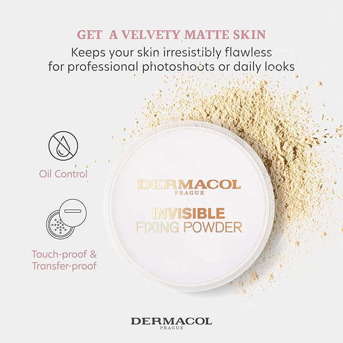 Dermacol - Invisible Fixing Face Powder, Touch-proof Translucent Setting Powder for Oily Skin & Other Skin Types, Loose Powder Makeup, Frangrance-Free Matte Powder with Powder Puff, Light, 13.5 g