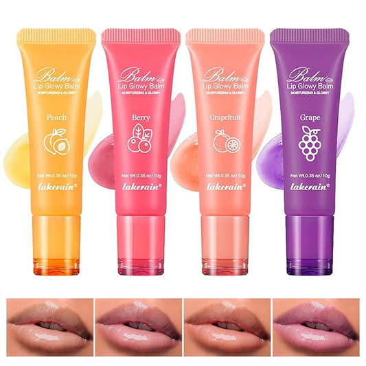 4Pcs Lip Glowy Balm | Lip Sleeping Mask | Plumping Lip Gloss | Tinted Lip Balm (Grape, Peach, Berry, Grapefruit)