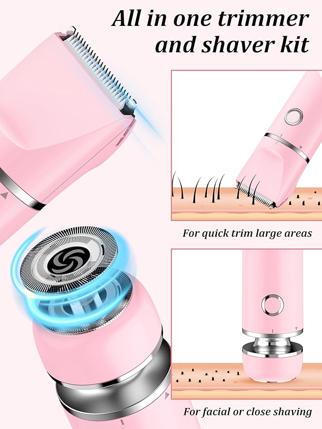 Bikini Trimmer and Shaver Kit for Women - 2-in-1 Wet/Dry Electric Body Hair Trimmer Facial Hair Removal Cordless Waterproof Bikini Shaver Razor for Face Lip Chin Pubic Underarm Legs