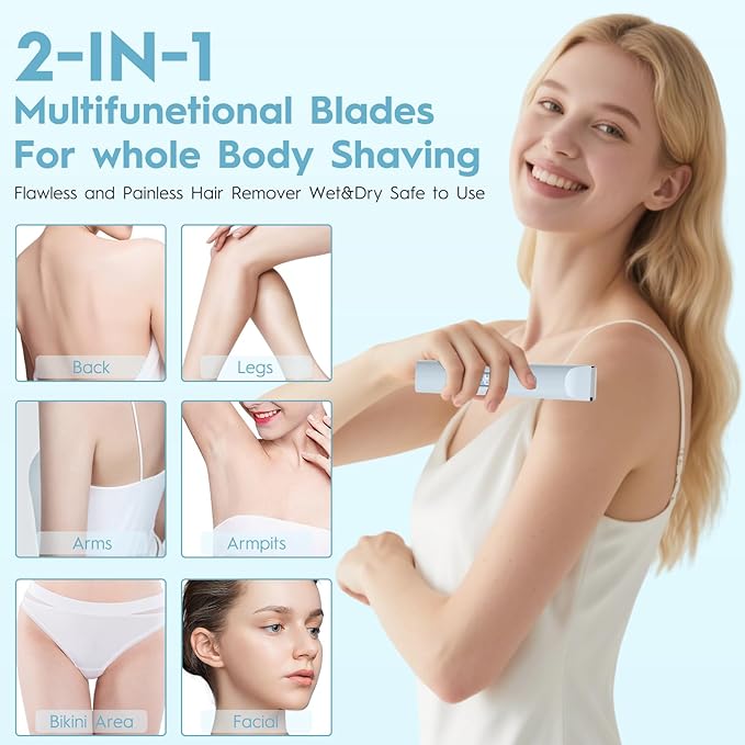 2025 Upgraded Dermave Bikini Shaver - 2 in 1 Bikini Trimmer for Women with LCD Display, Dual Head Cordless Electric Shaver, IPX7 Waterproof Wet/Dry Body Hair Trimmer for Face,Blue