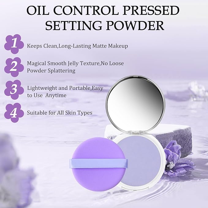 Chillab Lavender Matte Powder, Chillab Lavender Matte Powder Oil Control, Chillab Polvo Compacto with Mini Powder Puff, For Silky Blurring Oil Control Long-Lasting Makeup, Creates Soft -1PCS