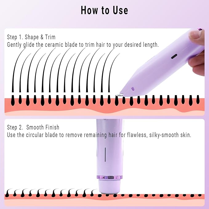 2-in-1 Bikini Trimmer and Shaver Kit for Women, Electric Body Hair Trimmer Facial Hair Removal Cordless Bikini Shaver Razor for Face Lip Chin Pubic Underarm Legs, Purple