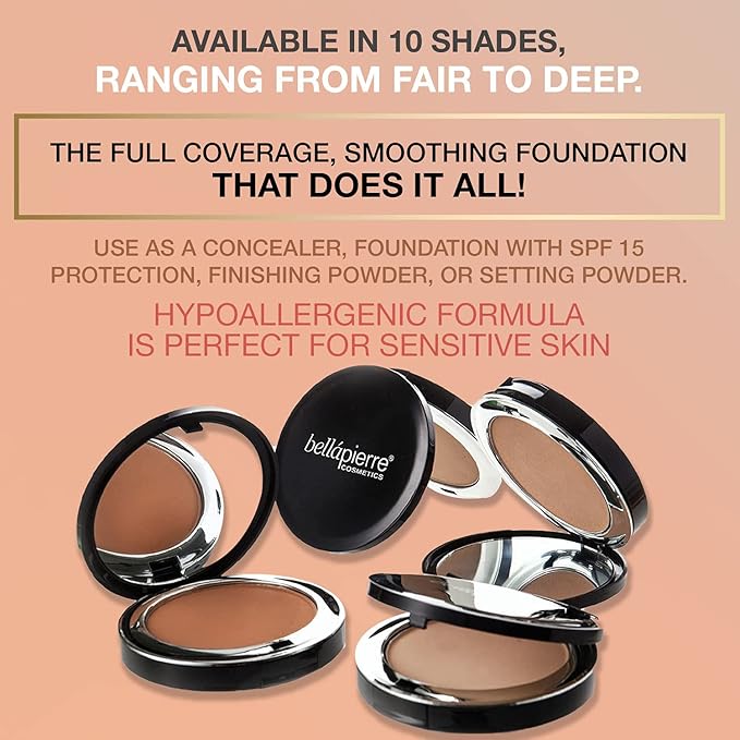 bellapierre Compact Mineral Foundation SPF 15 | Vegan & Cruelty Free | Full Coverage | Hypoallergenic & Safe for All Skin Types | Oil & Talc Free - 0.35 Oz - Nutmeg