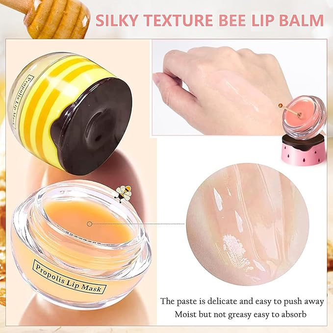 3PCS Bee Lip Balm Honey Pot,Honey Strawberry Watermelon Lip Mask Overnight Moisturizing Lip Balm,Hydrating Prevention Dry & Cracked Nourishing Sleeping Lip Mask (Honey+Strawberry+Watermelon)