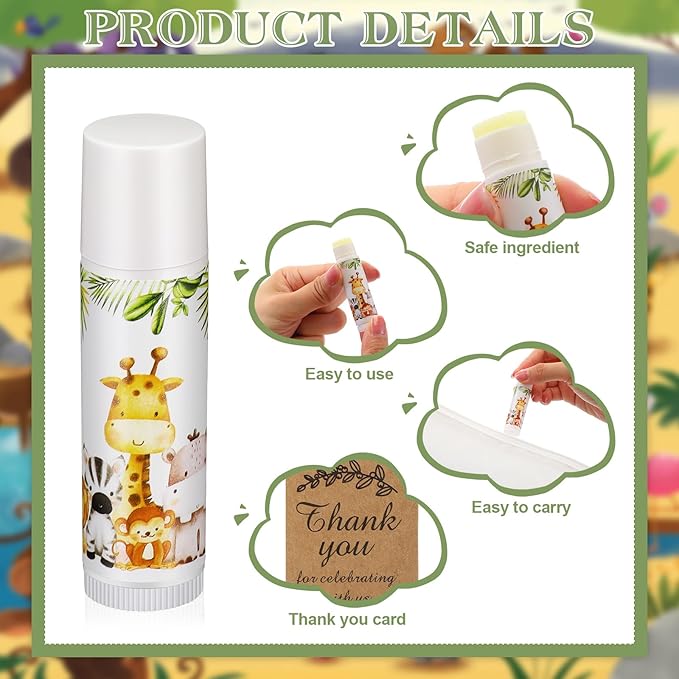 Fumete 50 Pack Jungle Animal Baby Shower Party Gifts Favors Bulk Lip Balms for Guests Boys Girls Neutral Gender Reveal Favors for Baby Shower Prizes Souvenirs Bags Stuffer Classroom Prizes