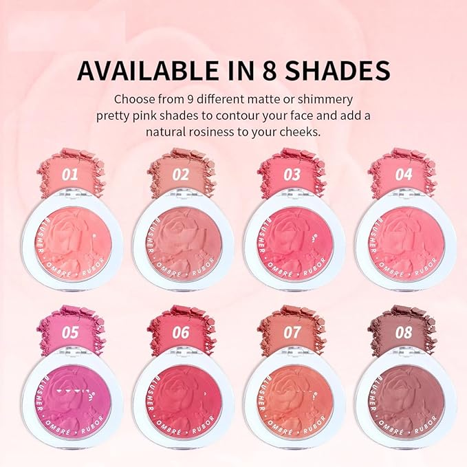 MAEPEOR Matte Face Blush 8 Colors Lightweight Natural Look Face Blush Long-Lasting and Highly Pigmented Powder Blush for Cheeks (Color 02)