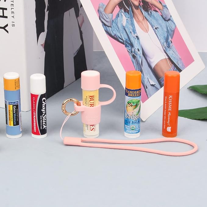 Desing Wish Silicone Lip Balm Holder with Cap Cover Portable Chapstick Holder Keychain Sleeve Lip Balm Key Chain with Key Ring and Wrist Strap Lanyard - Pink