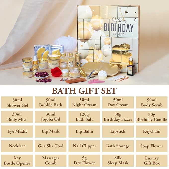 24Pcs Happy Birthday Gifts for Women Mom - Luxury Birthday Presents Spa Gift Set, Bath and Body Gift for Sister Girlfriend Wife Grandma with Necklace, Birthday Gift Set Idea for Women Female Friends
