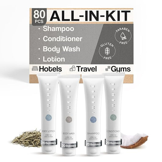 Infuse White Tea & Coconut Hotel Toiletries Bulk Set | 1-Shoppe Amenities Kit | 1oz Shampoo & Conditioner, Body Wash, Lotion | Travel Size | 80 Pieces