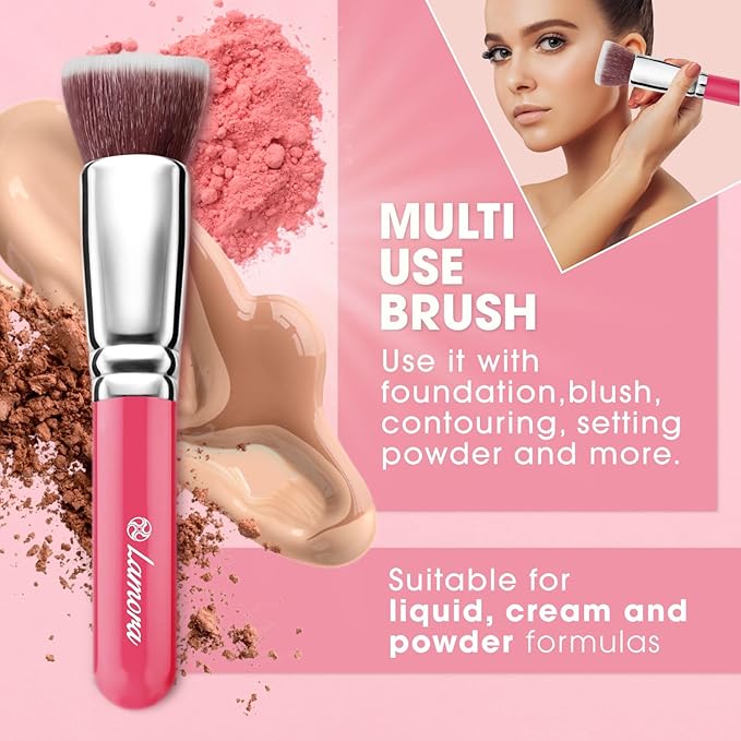 LAMORA Foundation Brush for Liquid Makeup - Kabuki Face Brush for Cream, Powder, Blush, and Concealer - Flat Top Blending, Buffing, Stippling Brush