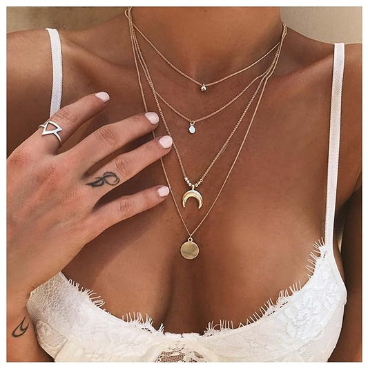 Bohemia Layered Coin Choker Necklace Moon Crescent Pendant Necklace Chain Gold Tiny Ball Necklace Multi Layer Disc Necklace Chain Jewelry for Women and Girls