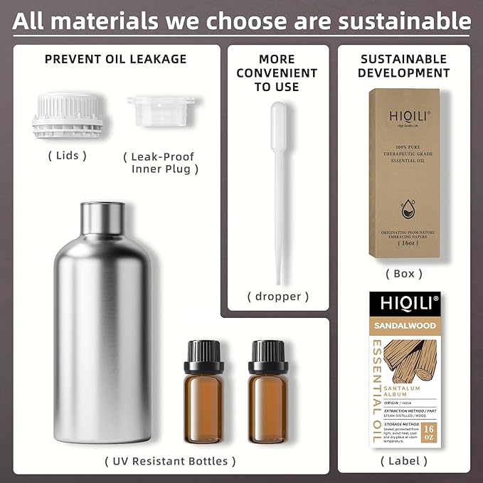 HIQILI Sandalwood Essential Oils, Long-Lasting Scent for Perfume, Diffuser, Soap Making & Candle- 16 Fl Oz