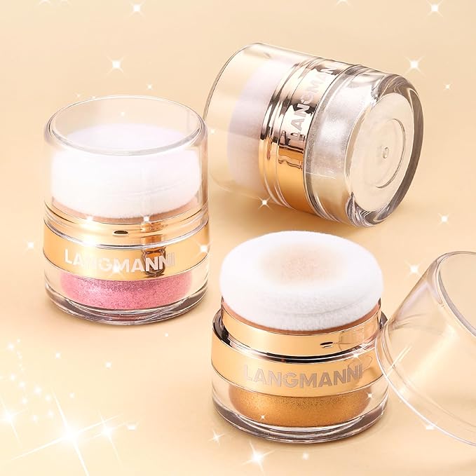 Glitter Body Highlighter Powder Body Shimmer Sparkle Face Brightening Highlighter Powder for Face Eyes Body Glow Makeup With sponge head（ Golden）