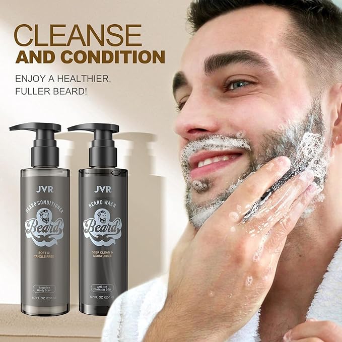 JVR Beard Wash and Beard Conditioner for Men, Beard Shampoo Cleanse and Reduces Frizz, Soften & Strengthens, Organic with Coconut, Aloe, Provides Shine for Dry & Coarse Beards, Beard Care (6.7oz)