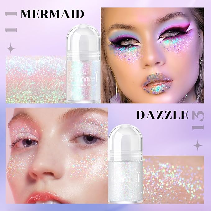 2 Colors Roll-on Body Glitter Gel, Holographic Glitter Gel Under Light for Face Hair, Body Shimmer for Rave Accessories Christmas New Year Halloween Makeup (11+13)