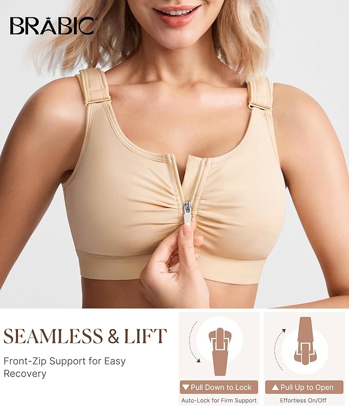 BRABIC Zip Front Closure Everyday Bra for Women Post Surgery Compression Support with Adjustable Straps Wirefree