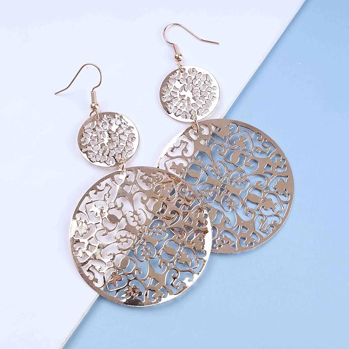 Filigree Hollow Disc Dangle Drop Earrings Boho Gold Ethnic Carved Flower Earrings Double Round Disc Drop Earrings Statement Hook Earrings Wedding Bridesmaid Jewelry for Women and Girls
