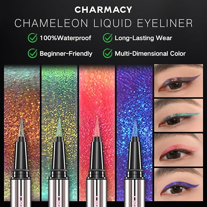 CHARMACY Chameleon Liquid Eyeliner, Liquid Glitter Eyeliner, Highly Pigmented, Metallic MultiColor Shifting waterproof Eyeliner, Ultra-Fine Tip, Longwearing, Smudge-proof (A02 Mystic Mirage)