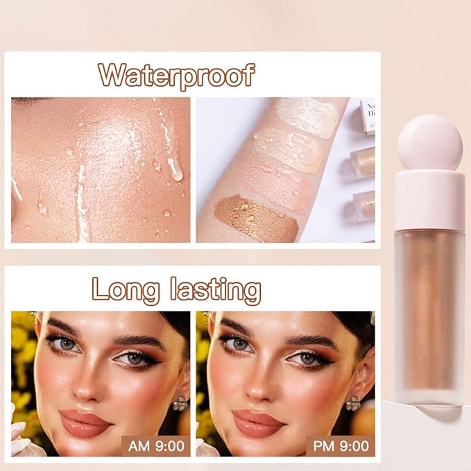 Liquid Highlighter Natural Glow For Face & Body, Waterproof Moisturizing Light Liquid Luminizer For Long Lasting Shimmer, Contour Highlighter Stick Easy to Apply with Cushion Applicator (#4 Candlelight)