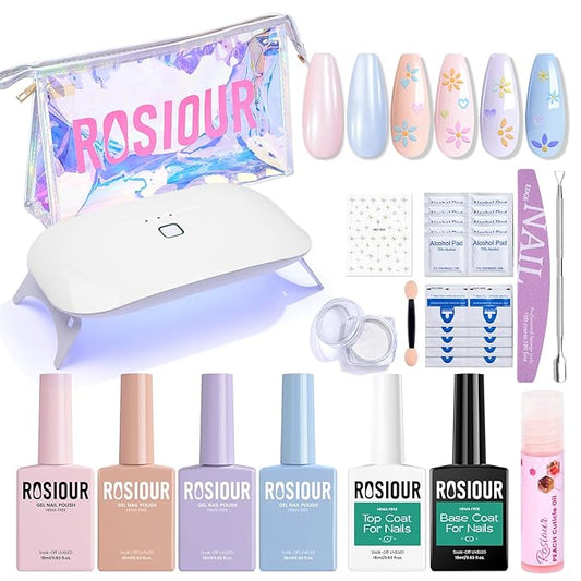 Gel Nail Polish Kit with U V Light, Hema-Free Light Baby Pink Blue Purple Nude Pink Summer Gel Polish Set with Base & Top Coat Chrome Nail Powder, 4 Colors Mini Salon Nail Art Starter Gift for Women