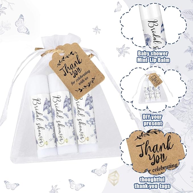 Demissle 50 Pcs Bridal Shower Lip Balm Gift Set with 100 Pcs Organza Bags Thank You Tags 20 Meters Rope wedding Party Favor for Guest Favors Gift Party Decoration Souvenirs(Vintage Flower)